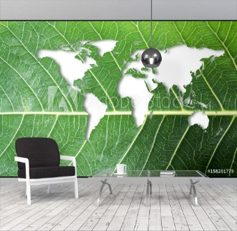 Bild på Ecology and think green concept of world map on fresh green leaf texture background
